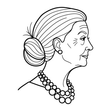 Bir kadının kafasının siyah beyaz çizgisi profilde, sağa bakıyor. Saçları topuz şeklinde, inci küpeler takıyor ve çok iplikli inci bir kolye takıyor. Yüzünde, gözlerinin ve ağzının etrafındaki kırışıklıklar ve ince bir gülümseme vardı.