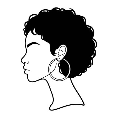 Kısa kıvırcık saçlarını ve geniş halka küpelerini sergileyen siyah beyaz bir kadın kafası. Temiz hatlar ve çok az detay, düz beyaz bir arkaplan üzerine kurulmuş. Kadının yüzü sakin bir ifadeyle resmedilmiş.