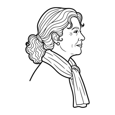 Kadın profilinin basit bir siyah-beyaz örneği. Saçları düşük atkuyruğu şeklinde bağlanmış ve boynuna atkı ve dairesel bir küpe takmış. Düz beyaz bir ba karşı ayarlanmış, minimal detaylar ve gölgeleme ile bir çizgi biçimi yapılır