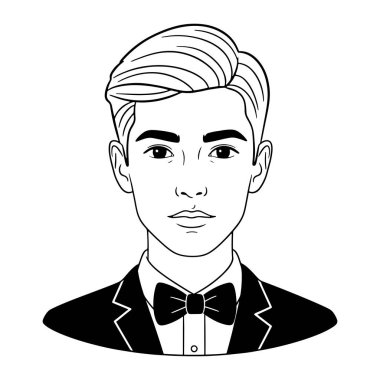 Smokin, papyon ve beyaz gömlek giyen genç bir adamın vücudunun üst kısmının siyah ve beyaz olması. Kısa saçlı ve tarafsız bir yüz ifadesi var. Kalın çizgiler ve asgari gölgeleme ile basit bir çizgi şeklinde yapılır. Arka plan plai.