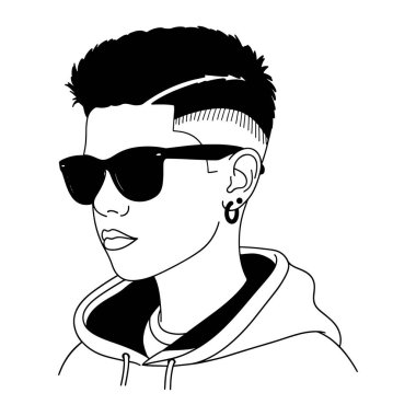 Kısa saçlı, güneş gözlüklü, kapüşonlu ve küpeli siyah beyaz bir adam. Kalın çizgiler ve asgari gölgeleme ile basit bir çizgi şeklinde yapılır. Bu, göğüsten yukarı, sola dönük şekilde tasvir edilir. Arka plan çok açık.