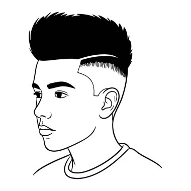 Genç bir adamın siyah ve beyaz saçı, soluk bir tarafı ve mürettebat yaka tişörtü ile pohpohlanmış saç kesimi sergiliyor. Yüzü ve saçı tanımlayan kalın çizgilerle basit ve minimalist bir şekilde yapılır..