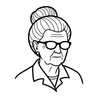 Siyah beyaz çizgili, saçları topuz şeklinde ve gözlük takan yaşlı bir kadın. Onun yakalı bir gömleği ve küpeleri var. Düz beyaz bir arkaplan üzerine kuruludur. Çizgi film gibi basit ve kalın çizgilerle yapılır..