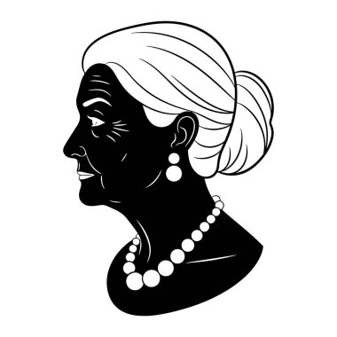 Yaşlı bir kadının başı ve omuzlarının siyah ve beyaz profili, sola bakıyor. Bir topuz, inci kolye ve uyumlu küpeler takan bir türban takıyor. Yüzü kırışıyor ve gülümsüyor gibi görünüyor. Bir beyazın üzerindeki basit bir siluet.