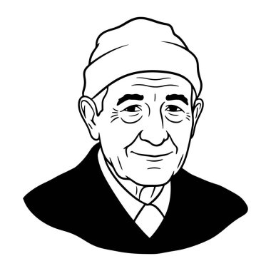 Nazik bir gülümsemesi olan, beresi ve takım elbisesi olan yaşlı bir adamın siyah beyaz resmi. Kalın çizgiler ve basit bir renk düzeni, yüz ve kıyafetlere odaklanıyor. Adamın görünür kırışıklıkları var ve düz beyaz bir arkaplanda resmedilmiş..