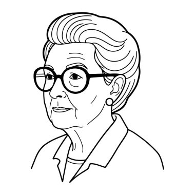 Kısa saçlı, yuvarlak gözlüklü, küpeli ve yakalı gömlekli yaşlı bir kadının siyah beyaz çizgisi. Yüzünde kırışıklıklar varken yüz ifadesi nötr görünüyor. Düz beyaz bir arkaplan ile ayarlanır.