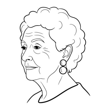 Kıdemli, kıvırcık saçlı ve geniş yuvarlak küpeli Afrikalı Amerikalı bir kadının siyah beyaz çizgisi. Beyaz arka planda basit bir çizgi, kadının kafasına ve omuzlarına odaklanıyor. Yüzünde göz ve ağız çevresindeki kırışıklıklar var.