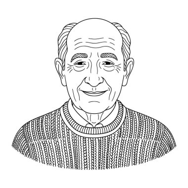 Gülümseyen bir yüzü olan yaşlı bir adamın siyah beyaz çizgisi. Kel bir kafası var, kenarları kısa saçlı ve örgü bir kazak giyiyor. Bu bir kafa ve omuz portresi. Adamın yüzünü gösteriyor. Göz çevresindeki kırışıklıkları da gösteriyor.