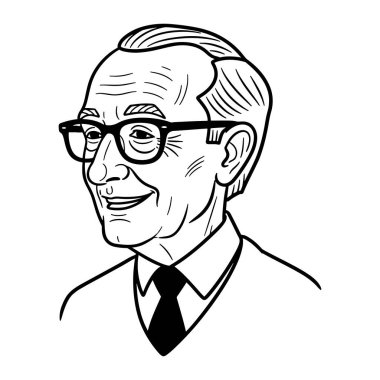 Gülümseyen bir yüzü olan yaşlı bir adamın siyah beyaz çizgisi. Gözlük, takım elbise ve kravat takıyor. Sade beyaz bir arka planı olan basit bir kafa ve omuz portresi. Görünür çizgiler ve en az gölgelendirme ile çizgi film tarzı.