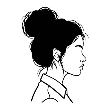 Saçı topuz şeklinde olan siyah beyaz bir kadın profili. Düz beyaz arka planda koyu siyah çizgileri olan minimalist bir çizgi. Kadın tasmalı bir gömlek giymiş ve sağa dönük olarak tasvir ediliyor. Saçları çekik.