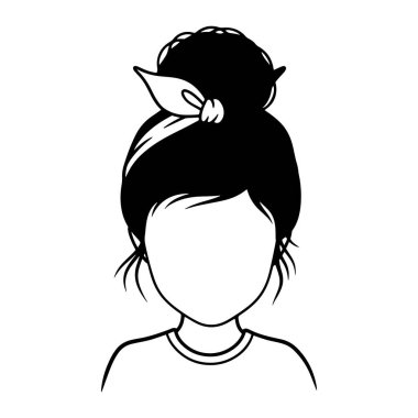 Bir kadının kafasının ve omuzlarının basit bir siyah beyaz resmi. Saçları kurdeleyle topuz şeklinde bağlanmış. Yüzü boş ve özelliksiz. O yuvarlak yakalı bir gömlek giyer. Düz beyaz arkaplan üzerinde minimalist bir çizgi şeklinde yapılır.