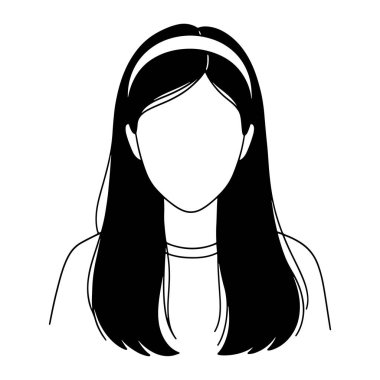 Uzun saçlı ve saç bandı takmış basit bir siyah beyaz kadın. Yüzü olmayan minimalist bir çizgi kadının saçı omuzlarından ve sırtından düşer ve ince bir saç bandı takar. Arkaplan düz beyaz.