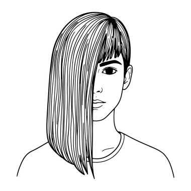 Yüzünün bir tarafını kaplayan uzun düz saçlı siyah beyaz bir kadın. Kâkülleri alnına kadar kesilmiş ve sadece bir gözü görünüyor. O, yuvarlak yakalı basit bir gömlek giyer. Minimalist bir ahır ahırı ile yapılıyor.