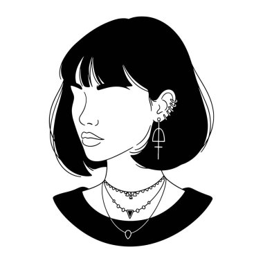 Kısa saçlı, kâküllü, birden fazla kolye ve küpe takan siyah beyaz bir kadın. Basit, minimalist bir stil, kalın çizgiler ve yüz ve aksesuarlara odaklanma. Kadın, kısa saçlı, siyah beyaz. Siyah ve beyaz kadın.