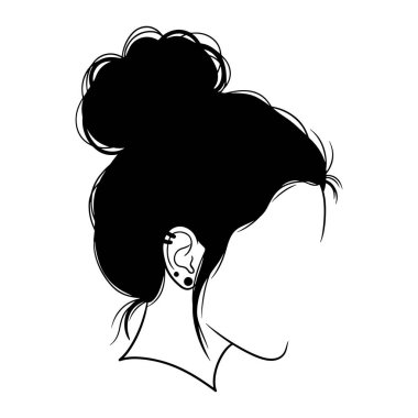 Profilde siyah beyaz bir kadın kafası, saçlarını topuz şeklinde ve kulağında küpe şeklinde sergiliyor, düz beyaz bir arkaplana dayanıyor. Kadın, kafa, profil. siyah ve beyaz kadın kafası profilde, saçı topuz şeklinde..