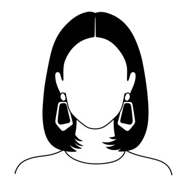 Kafası ve omuzları öne bakan siyah ve beyaz bir kadın. Yüzü boş ve özelliksiz. Kısa saç kesimi koyu renk, ortadan ikiye ayrılmış ve büyük sallanan küpeler takıyor. Arkaplan düz beyaz.