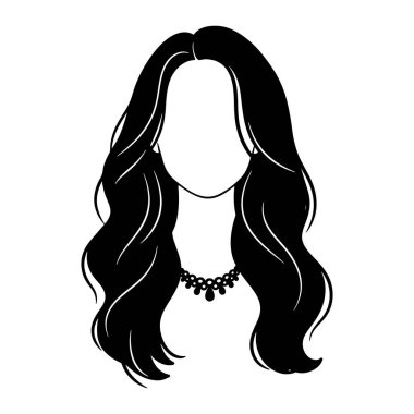 Uzun dalgalı saçları ve kolyesi olan siyah ve beyaz bir kadın kafası ve omuzları. Kadının yüzü görünürde yok, ve basit bir şekilde sunuluyor. Kadın, saç, uzun saç. Uzun dalgalı saçları ve boynu olan siyah beyaz bir kadın.