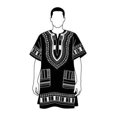 Karmaşık beyazlı bir siyah dashiki, Dashiki kısa kollu ve V yakalı bir adam tarafından giyilir, çeşitli desenlerle süslenir ve adamın yüzü görünmez ve elleri yanındadır. Arkaplanı düz beyaz..