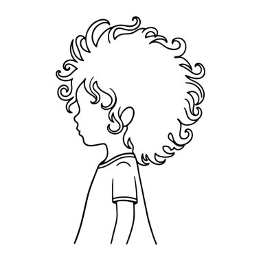 Bir çocuğun kafasının ve omuzlarının sade siyah çizgisi, sola bakıyor. Çocuğun kafasından dışarı doğru dairesel bir hareketle uzanan kıvırcık saçları var. Onlar kısa kollu bir tişört giyiyorlar. Arkaplan düz beyaz.