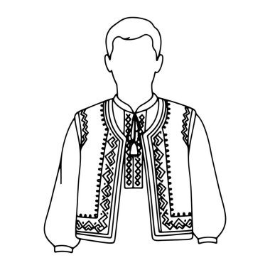 Geleneksel nakışlı gömlek giyen bir adamın basit siyah çizgisi. Adamın kısa saçları ve tarafsız bir yüzü var. Gömlek, geometrik şekiller ve çizgiler de dahil olmak üzere karmaşık ve desenli, tipik halk ya da etnik giysiler. Her şey hazır.