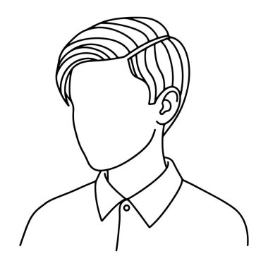 Bir adamın başı ve omuzlarından oluşan basit siyah bir çizgi. Kısa saçı yana taranmış ve yüzünde bir düğme olan yakalı bir gömlek giyiyor. Yüzü boş ve özelliksizdir. Beyaz arka planda..