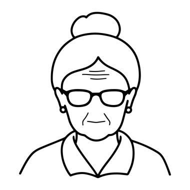 Saçı topuz şeklinde, gözlük ve küpe takan yaşlı bir kadının basit siyah çizgisi. Yüz ifadesi tarafsız ya da kaşlarını çatmış gibi görünüyor, alnında görünür çizgiler var. Tasması ve beyaz bir geçmişi var..