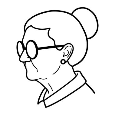 Profilde bir kadının kafasının basit siyah çizgisi. Saçları topuz şeklinde ve yuvarlak gözlük ve küpe takıyor. Beyaz arkaplanda minimalist ve temiz çizgiler var. Siyah beyaz çizgi, kadın, profil. bir kadının siyah çizgisi