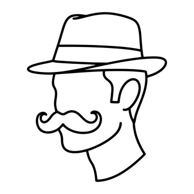 Sola bakan bir adamın kafasının basit siyah çizgisi. Adamın ayırt edici bir bıyığı var ve fötr şapka takıyor. Düz beyaz bir arkaplan üzerine kuruludur. Siyah çizgi, beyaz arka plan, erkek kafası. İnsan kafasının siyah çizgisi mü ile