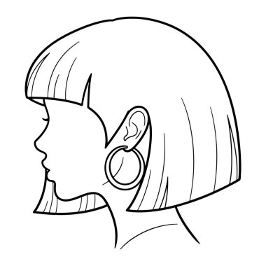 Sola bakan bir kadının kafasının basit siyah çizgisi. Kısa saç kesimi, düz kâkülleri ve geniş halka küpeleri var. Beyaz arkaplan üzerinde koyu siyah bir dış hat, gölgeleme veya renk yok.