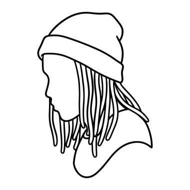 Profilde bir kadının kafasının basit siyah çizgisi, bere takıyor ve saçı rastalı. Beyaz arka planda kalın çizgileri olan minimalist bir tarz. Çizgi siyah, kadın, kadın. Siyah çizgili, bereli siyah çizgili bir kadın..