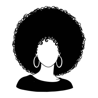 Siyah bir siluet, beyaz arka planda uzun afro saç stili ve halka küpeli bir kadın. Kadının yüzü detaylandırılmamış ve basit bir tasvir takıyor kalın çizgileri ve saç stili ve aksesuarları olan bir tasviri var..