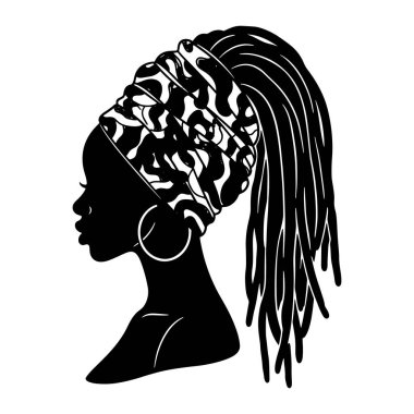 Siyah siluet bir kadın profili at kuyruğu şeklinde rastalı saçlar ve bir başlık ve geniş halka küpelerle süslenmiş, düz beyaz bir arkaplan üzerine kurulmuş. Siyah siluet, kadın, rastalı saçlar. siyah siluet, rastalı kadın ve