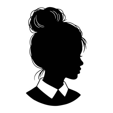 Siyah siluet bir kadın profili, saçları topuz şeklinde ve beyaz yakalı bir gömlek. Beyaz arkaplana karşı sade, koyu siyah bir şekil, kadının kafasının hatlarını ve kıyafetlerini vurguluyor..