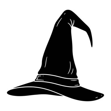 Sivri uçlu ve geniş kenarlı siyah bir cadı şapkası. Şapka bandı ve beyaz röfleli. Düz beyaz bir arka planda geçiyor. Şapkanın kıvrımlı, sivri bir şekli ve ucunda hafif bir kıvrım var. Cadı şapkası, siyah şapka, Cadılar Bayramı. Siyah cadı şapkası.