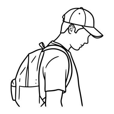 Beyzbol şapkalı ve sırt çantalı basit bir çocuk çizgisi. Çocuk profilden resmedilmiş, sağa dönük. Onun kısa saçı var ve kısa kollu bir gömlek giyiyor. Sırt çantasının her iki omzunda da kayışlar var.