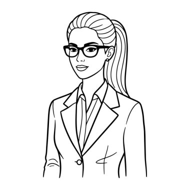 Siyah-beyaz bir iş kadını çizgisi. Tarafsız bir yüz ifadesi var. Ceket, gömlek, gözlük ve küpe takıyor. İş kadını, gözlüklü, at kuyruklu. Gözlüklü ve atkuyruklu ceketli bir iş kadını..