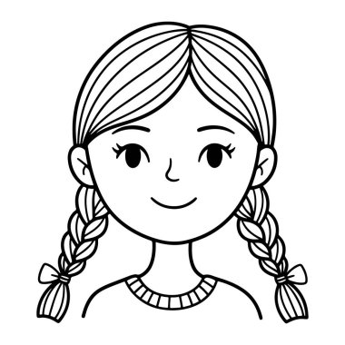 İki örgülü örgülü kurdeleli, gülümseyen genç bir kızın basit siyah beyaz çizgisi. Saçları düz çizgilerle düz bir şekilde tasvir edilmiş. Nazik bir gülüşü ve büyük gözleri var ve yakalı bir gömlek giyiyor.