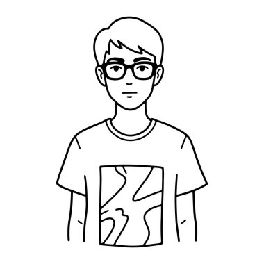 Kısa saçlı, gözlüklü, üzerinde tişört olan bir adamın basit siyah beyaz çizgisi. Temiz çizgileri ve düz beyaz arkaplanı olan bir minimalist. Çizgi film, adamım, gözlük. Gözlüklü, siyah beyaz tişört çizgisi olan çizgi film adamı..
