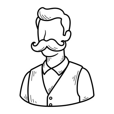 Bir adamın üst gövdesinin basit siyah beyaz çizgisi. Onun büyük bir bıyığı ve kısa saçı var. İki düğmeli bir yeleğin altına yakalı bir gömlek giyiyor. Çok az detay içeren temel bir bilgi. Çizgi film, adamım, bıyık. Çizgi filmdeki bıyıklı ve yelekli adam.