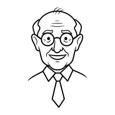 Zayıf saçlı, sırıtan, yuvarlak gözlüklü ve kravatlı yaşlı bir adamın basit siyah beyaz çizgisi. Kalın çizgiler ve minimum gölgeleme, temiz ve karikatürsel bir görünüm kazandırıyor..