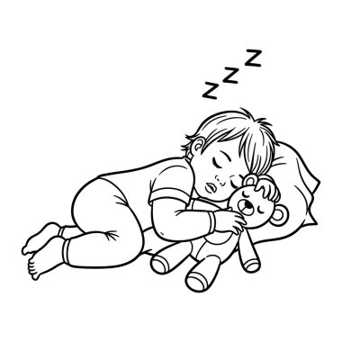 Oyuncak ayıyla yan yana uyuyan bir çocuğun siyah beyaz çizgisi. Çocuğun kısa saçı var ve kısa kollu bir gömlek ve pantolon giyiyor. Gözleri kapalı bir yastığın üzerinde yatıyorlar ve kafalarının üstünde üç tane zzz sembolü var. Oyuncak ayı.