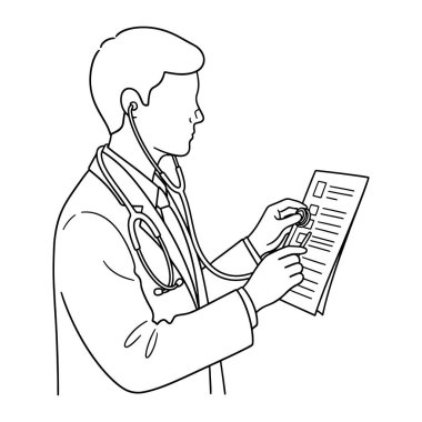 Profilde bir erkek doktor çizgisi, ön sol taraftan görünüyor. Kısa saçlı ve boynunda steteskop ve yakalı bir ceket var. Doktor sol elinde bir pano ve sağ elinde yazmaya hazır bir kalem tutuyor. Klipboa.