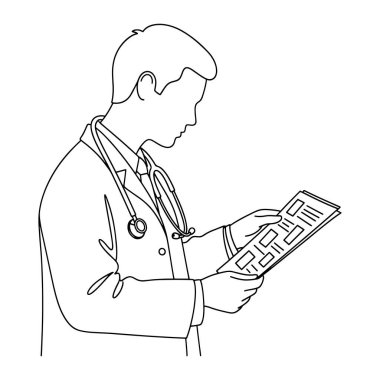 Profilde, boynuna steteskop takmış ve iki eliyle bir dosya tutan bir erkek doktor çizgisi. Beyaz bir arkaplana karşı basit bir siyah çizgi şeklinde tasvir edilir. Doktor, steteskop, dosya. Profil okuma klipsindeki doktor