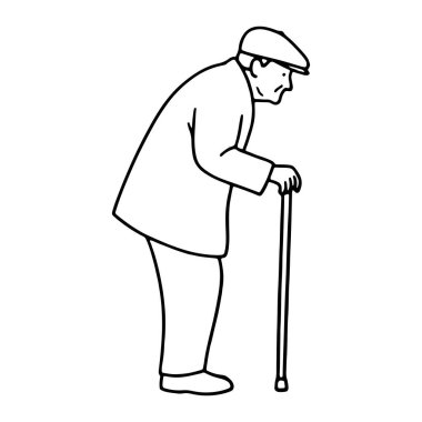 Desteklemek için bastona yaslanan yaşlı bir adamın basit bir çizgisi. Şapka takıyor, palto giyiyor ve eğik bir duruşla duruyor gibi görünüyor. Ayrıntılar ya da arkaplan içermeyen siyah ve beyazdır