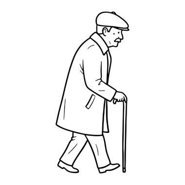 Bir baston yardımıyla yürüyen yaşlı bir adamın basit siyah beyaz çizgisi. O düz bir şapka, uzun bir ceket ve ayakkabılar giyiyor. Adam profilden resmedilmiş, yüzü sağa dönük, vücudu sanki yürüyormuş gibi hafifçe öne eğilmiş. Bu bir...
