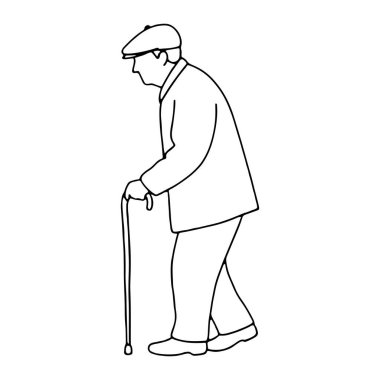 Bastonla yürüyen yaşlı bir adamın basit bir çizgisi. O bir şapka, gözlük, ceket, pantolon ve ayakkabı giyiyor. Adam, destek için bastona yaslanırken vücudunu hafifçe öne eğilmiş bir şekilde yan görüntüde tasvir edilir. Siyahlı olan!