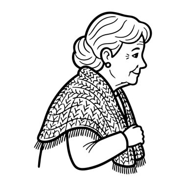 Yaşlı bir kadının püsküllü ve küpeli bir şal giydiği siyah beyaz bir çizgi. Saçları topuz şeklinde. Profilde tasvir edilmiş, yüzü sağa dönük, kolları vücudunun üzerinde çaprazlanmış. Şalda desenli bir şablon var ve omuzlarına düşüyor.