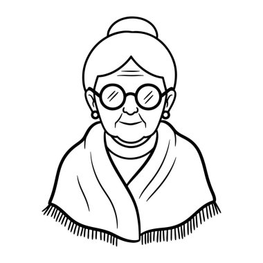 Saçları topuz şeklinde çekilmiş yaşlı bir kadının basit bir çizgisi. Yuvarlak gözlük, küpe ve püsküllü bir şal takıyor. Yüzünde, alnında ve ağzının çevresinde kırışıklıklar var. Siyah ve beyaz..