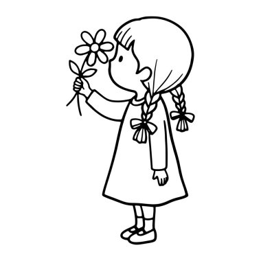 Saçları örgülü, çiçek kokan genç bir kızın basit siyah beyaz çizgisi. O iki fiyonklu ve ayakkabılı bir elbise giyer. Beyaz arka planda kalın çizgileri olan bir minimalist. Kız, çocuk, çiçek. Kız çiçek kokan çocuk saçı örgü saçlı