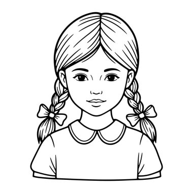 Örgülü at kuyruğu ve fiyonklu genç bir kızın siyah beyaz çizgisi. Tarafsız bir ifadesi var ve Peter Pan tasmalı kısa kollu bir gömlek giyiyor. Saçları iki örgülü ve ucunda fiyonk var. Arkaplan düz beyaz.